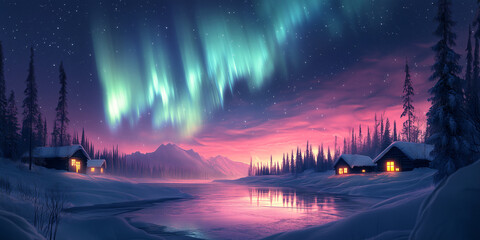 Fototapeta premium Scenic Winter Night with Northern Lights Over Cozy Cabins by a Frozen River
