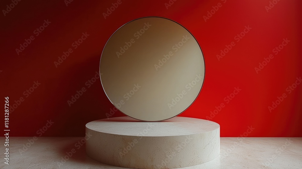 Poster modern minimalist interior design: a circular beige display on a red wall. clean lines, geometric sh