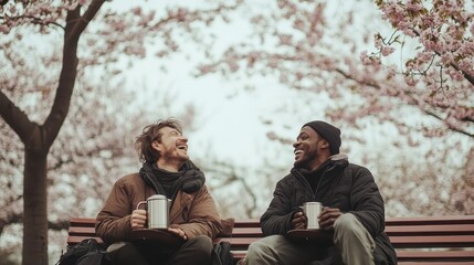 Fototapeta premium A man with Parkinson’s disease chatting with a friend on a park bench cherry trees blooming in the background under a soft spring sky