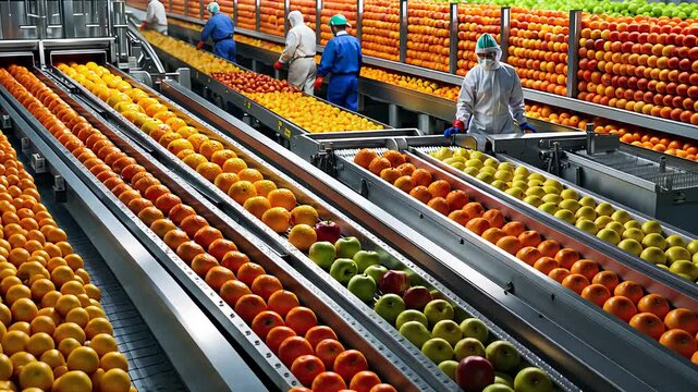 Automated Fruit Sorting Facility with Workers Monitoring Conveyor Belts Carrying Oranges, Apples, and Citrus Fruits

