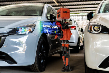 EV Car station parking service maintenance technology car ev electric EV charging station for electric car to charger station power cable supply plugged Eco-friendly sustainable energy concept.