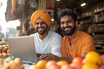 two male shop owner using laptop
