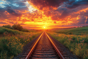 Obraz premium Railway tracks stretching into the distance, bathed in the warm glow of a sunset, surrounded by overgrown grass and flowers, creating a nostalgic and peaceful scene.