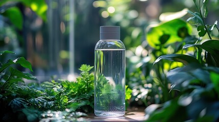 A reusable water bottle filled with cold water, surrounded by lush green plants, promoting eco-friendly hydration