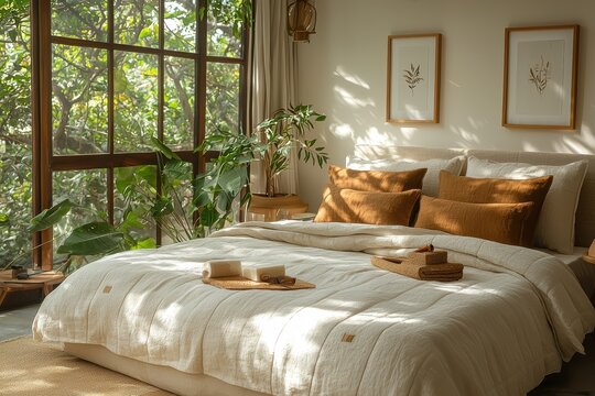 Cozy modern bedroom with neutral tones and crisp linen home interior natural light relaxing retreat