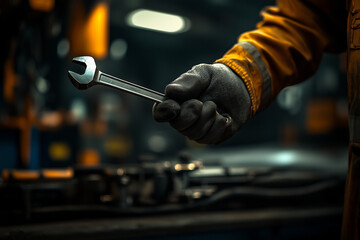Wrench in the hands of a car mechanic on the background of a car being repaired in a garage auto service..