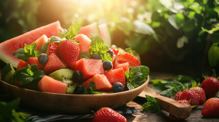 A bowl of fruit salad with watermelon, strawberries, blueberries, and kiwi