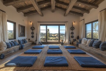 Zen interior design retreat modern home space yoga room tranquil environment relaxed viewpoint...