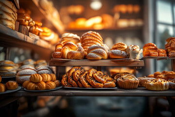 Bakery shop counter with various types of baked goods, breads and buns background.