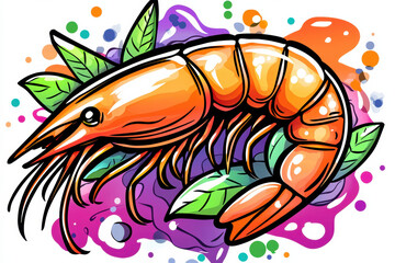Obraz premium colorful shrimp illustration with vibrant leaves and splashes of color