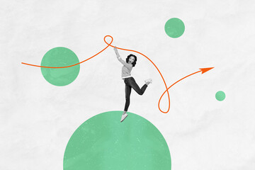 Photo collage template trend artwork composite of young woman stand ball hand hold arrow target...