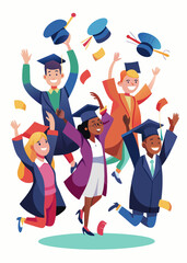 Diverse group of graduates celebrating at graduation ceremony, students throwing caps in air, joyful academic achievement, university commencement event, happy graduates in traditional gowns.

