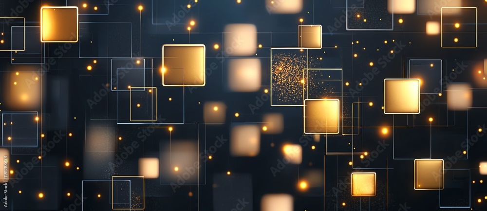 Poster a captivating digital abstract background featuring glowing squares and shimmering particles in a da