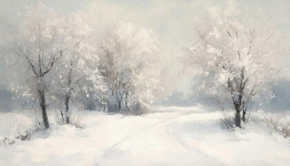 Fototapeta premium A serene winter landscape with snow-covered trees and a winding path.
