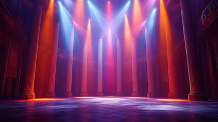 Luminous Hallways: An Architectural Masterpiece in Vibrant Hues. Classic columns and dramatic lighting create a captivating scene.