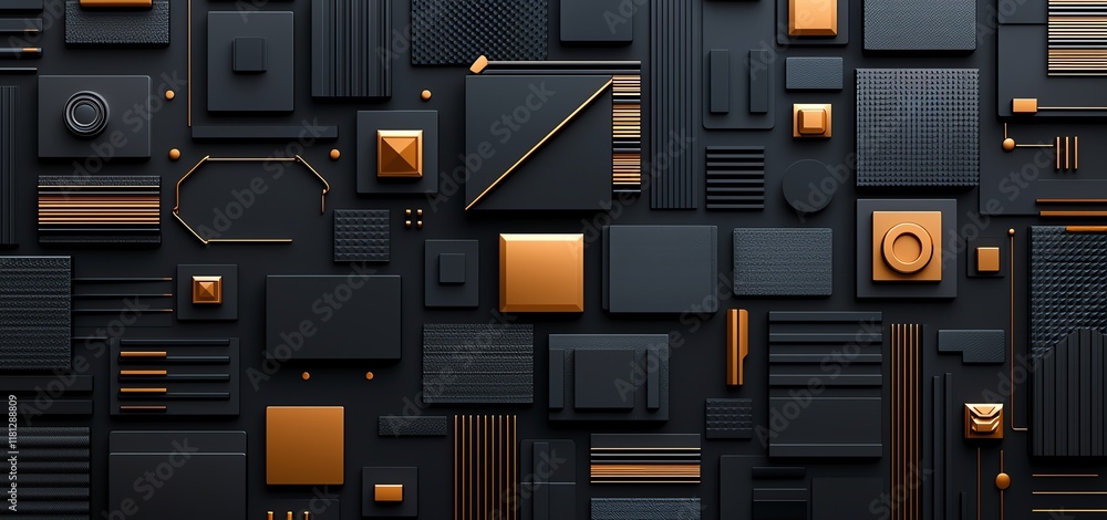 Poster this abstract composition features a dynamic arrangement of geometric shapes in black and metallic b