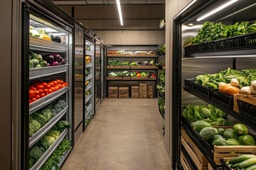 Food storage in reustorant or kitchen& Industrial big walk-in with refrigerators and shelves with fresh greenary and vegetables. Modern interior of cooling room