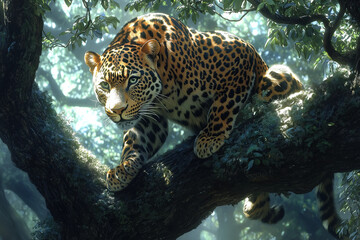 Obraz premium A stunning image of a leopard perched on a tree branch, its sharp gaze and graceful posture highlighted by the surrounding jungle environment and soft sunlight filtering through the leaves.