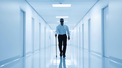 A man with blindness walking through a hospital corridor with his cane wearing sunglasses surrounded by clean white walls and polished floors