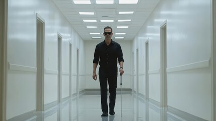 Fototapeta premium A man with blindness walking down a hospital corridor with his cane wearing sunglasses with white walls and polished floors reflecting the light