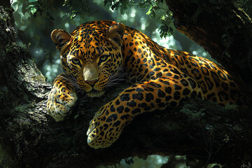 Obraz premium A stunning image of a leopard perched on a tree branch, its sharp gaze and graceful posture highlighted by the surrounding jungle environment and soft sunlight filtering through the leaves.