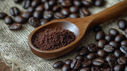 Fototapeta premium A wooden scoop filled with freshly ground coffee, resting on a textured burlap cloth, surrounded by dark roasted coffee beans
