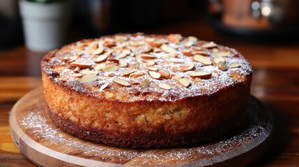 Almond and orange flourless cake with a moist texture, topped with slivered almonds and powdered sugar, placed on a rustic wooden board