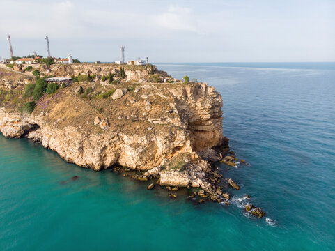 Aerial view of scenic Cape Kaliakra with rocky cliffs and clear blue water, Kavarna, Bulgaria.