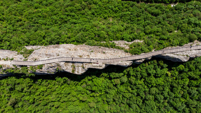 Panoramic aerial view of bridge of Ovech fortress, Provadiya, Bulgaria