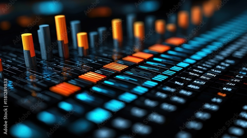 Poster abstract futuristic data visualization: glowing bars and digital interface