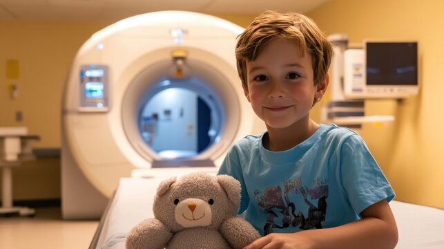 A young boy with a prosthetic arm seated in the hospital imaging center holding a plush toy with a large MRI machine visible in the brightly lit room