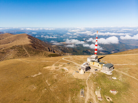 Aerial view of balkan mountains with botev peak and tv tower, kalofer, bulgaria.