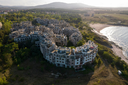 Aerial view of abandoned ghost town Costa del Croco with beautiful coastline and historic buildings, Tsarevo, Bulgaria.