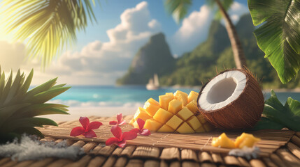 A tropical beach scene with a coconut and mango on a wooden table