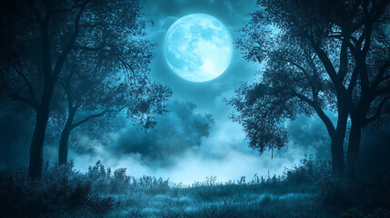 Naklejka premium A serene night scene featuring a bright full moon illuminating a misty forest landscape.