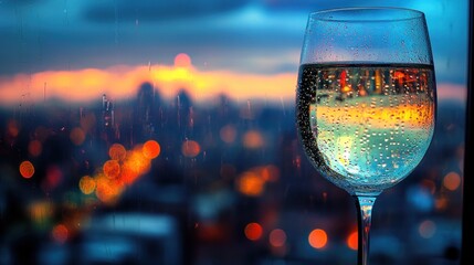 An elegant glass of water with small droplets of condensation, against a blurred cityscape background