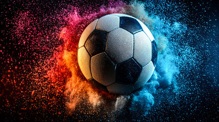 Naklejka premium Soccer Ball in vibrant color explosion. Dynamic sports wallpaper. Football game action, competition, energy, motion, speed, power, and excitement.