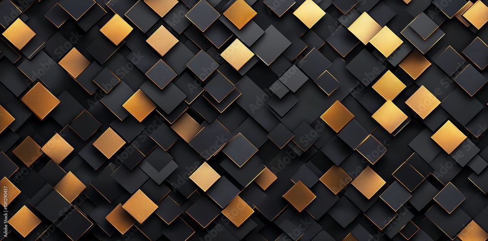 Poster a modern abstract pattern featuring a mix of black and gold squares arranged in an intricate design,