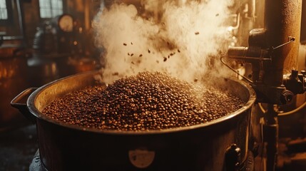 Aromatic coffee beans being roasted in a vintage coffee roaster, with steam rising and beans tumbling inside