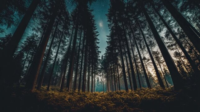 Majestic forest at night, tall trees under starry sky. - Powered by Adobe