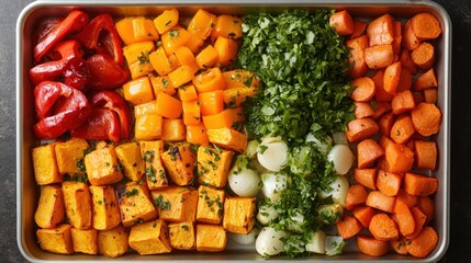 Assorted roasted vegetables like carrots, bell peppers, and sweet potatoes arranged on a baking tray for a colorful, nutritious appeal