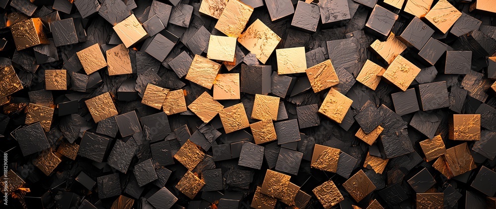 Poster a stunning background featuring an array of textured black and gold squares. perfect for design proj