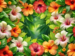 Immerse yourself in a panoramic hibiscus paradise: lush tropical blooms frame a vibrant summer scene.