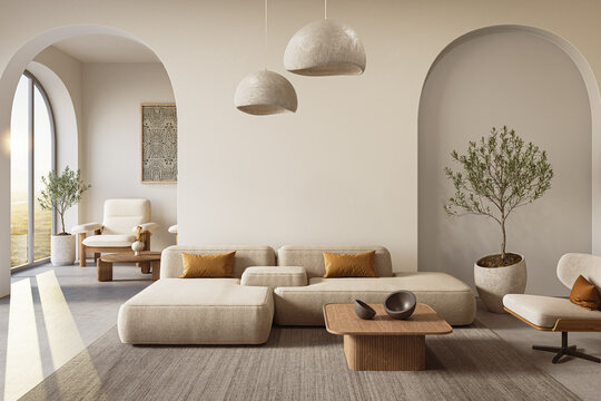 Cozy home interior in light pastel colors with hardwood flooring and arched walls, 3d rendering
