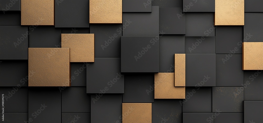 Poster a sleek, modern wall design featuring a combination of matte black and metallic gold squares, creati