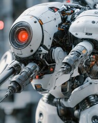 Fototapeta premium A futuristic robot with a glowing red eye and intricate mechanical details.