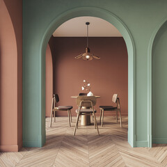 Interior design of a modern apartment featuring vibrant arched walls and stylish, contemporary furniture, 3d rendering
