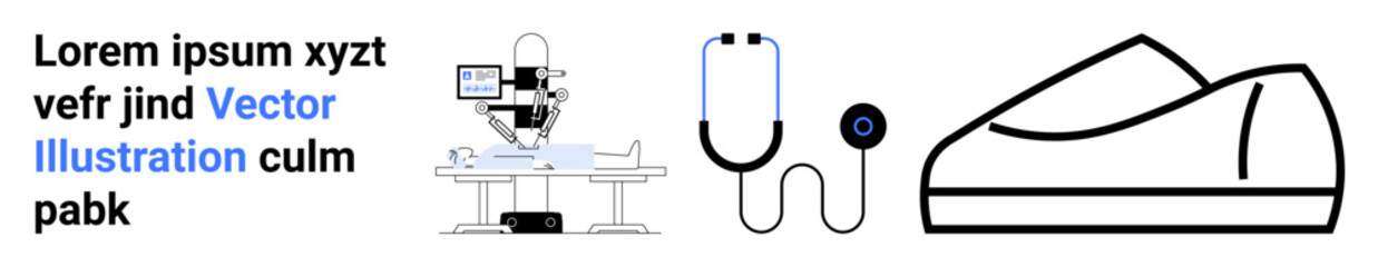 Surgery table with microscope and monitor, black stethoscope, minimalist shoe illustration. Ideal for medical, healthcare, surgical technology, hospital design, footwear industry, medical equipment