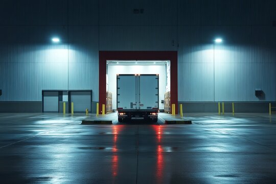 Truck loading at illuminated warehouse dock at night