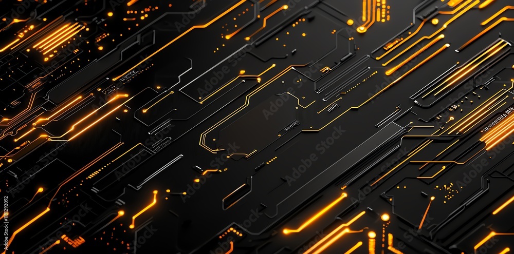 Poster abstract futuristic circuit board with glowing orange lines on a black surface, representing advance